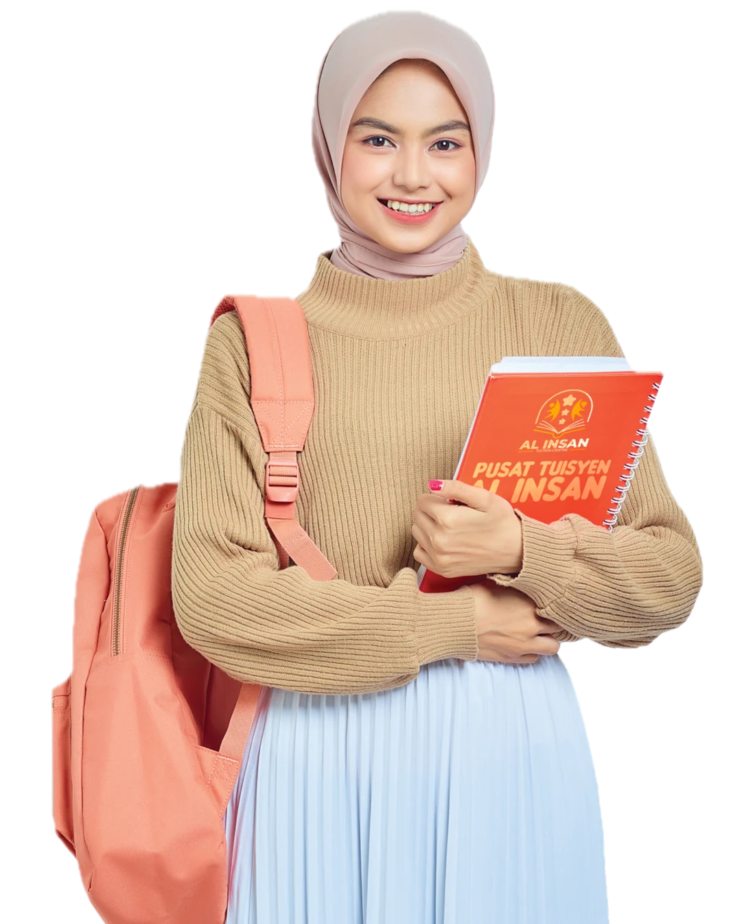 Al Insan promotional model holding an Al Insan book