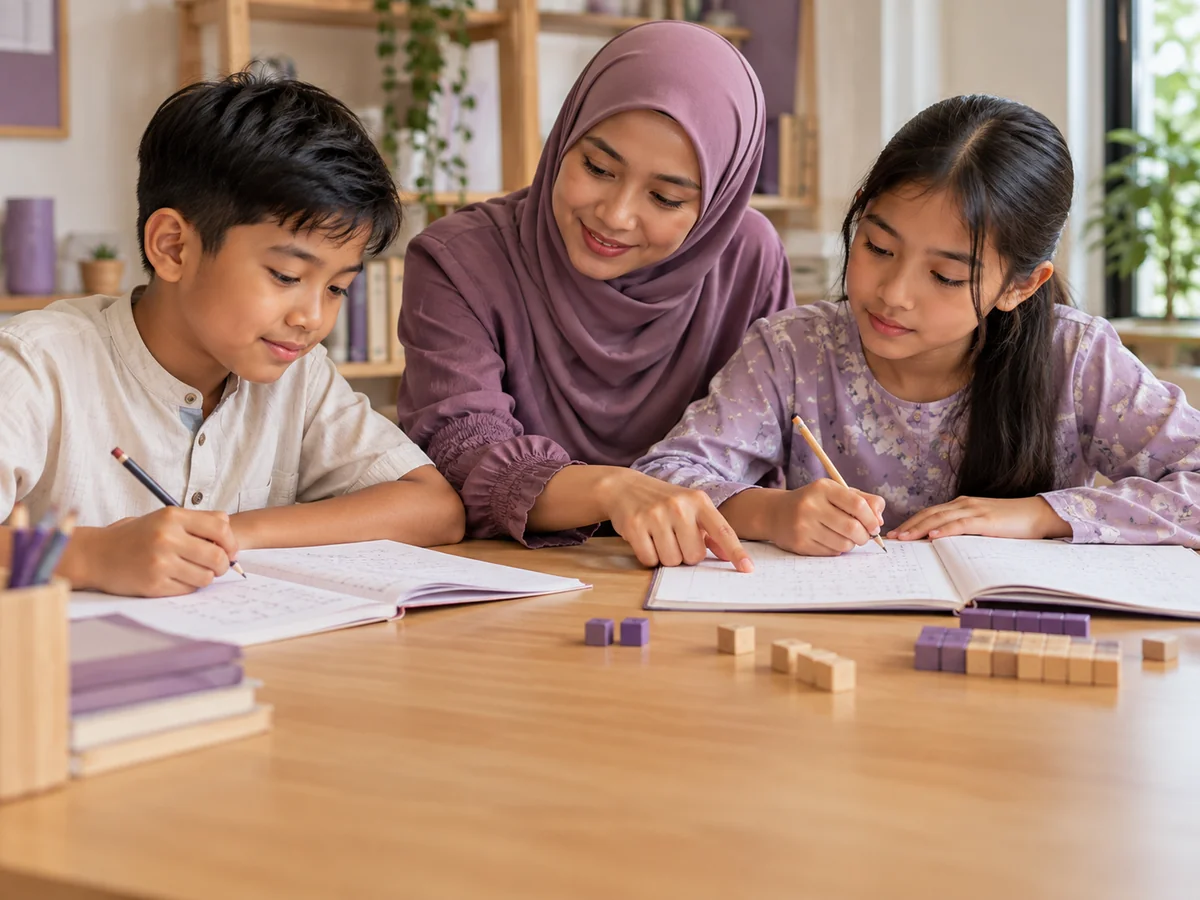 Illustration of a tutor helping primary pupils practise mathematics