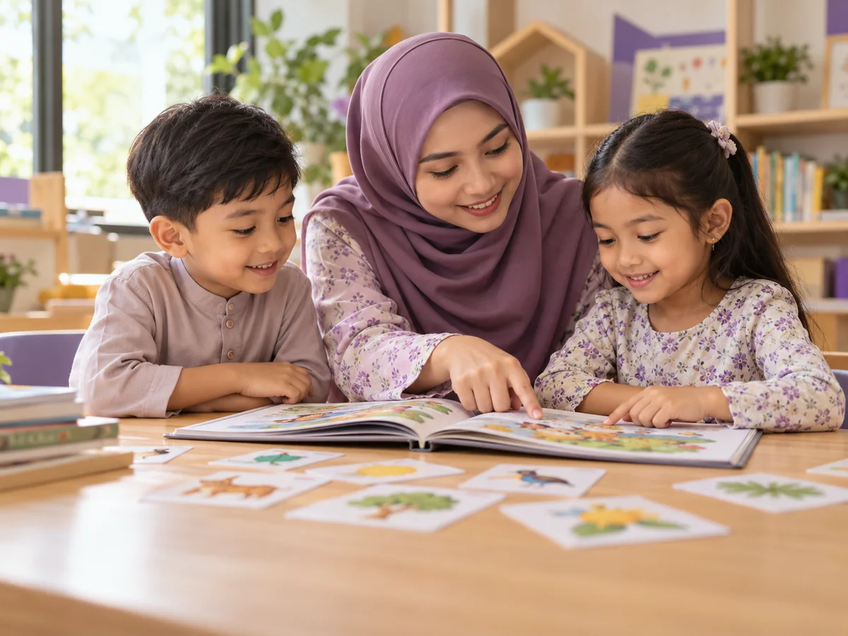 Illustration of a tutor helping two young children read a picture book