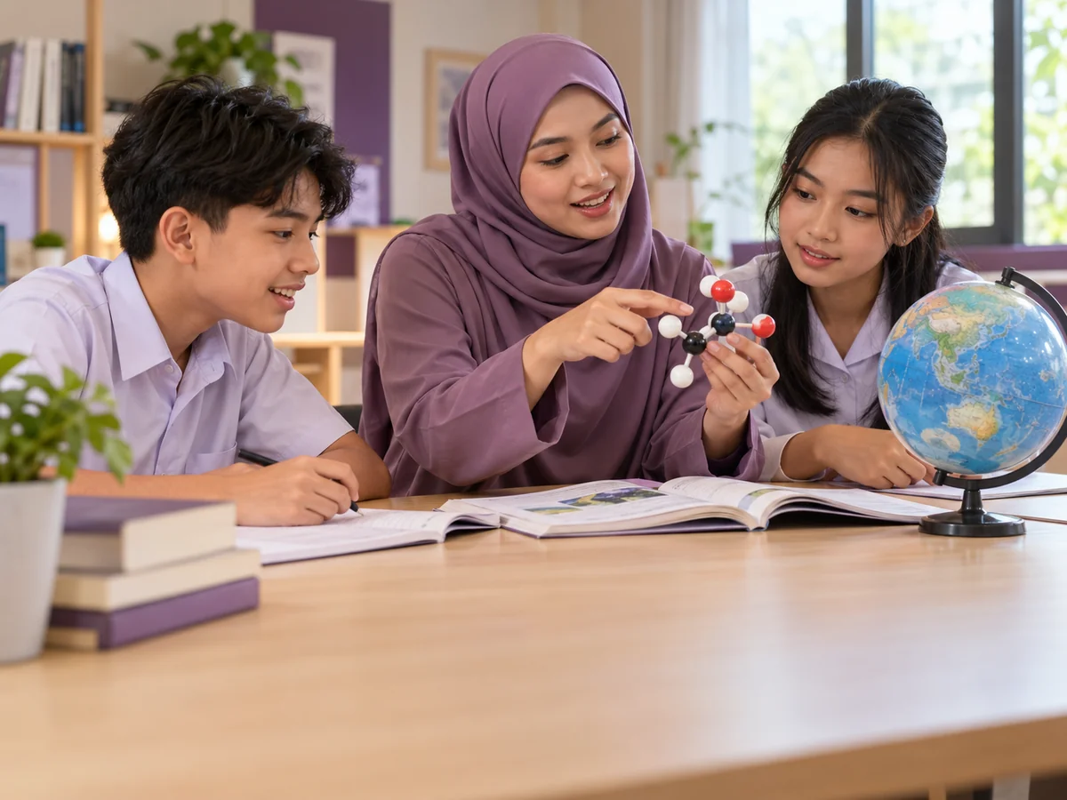 Illustration of a tutor guiding secondary students through science revision