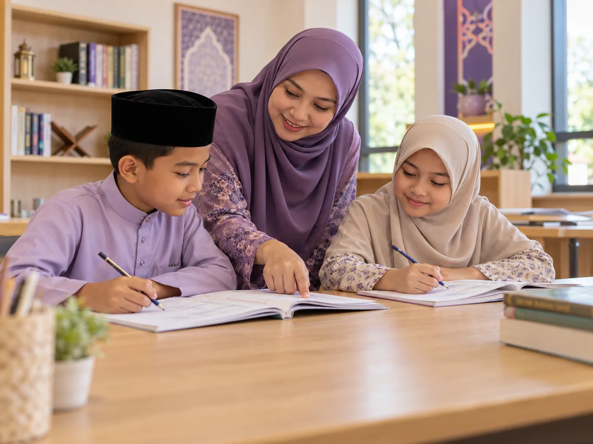 Illustration of a tutor helping pupils revise Islamic studies